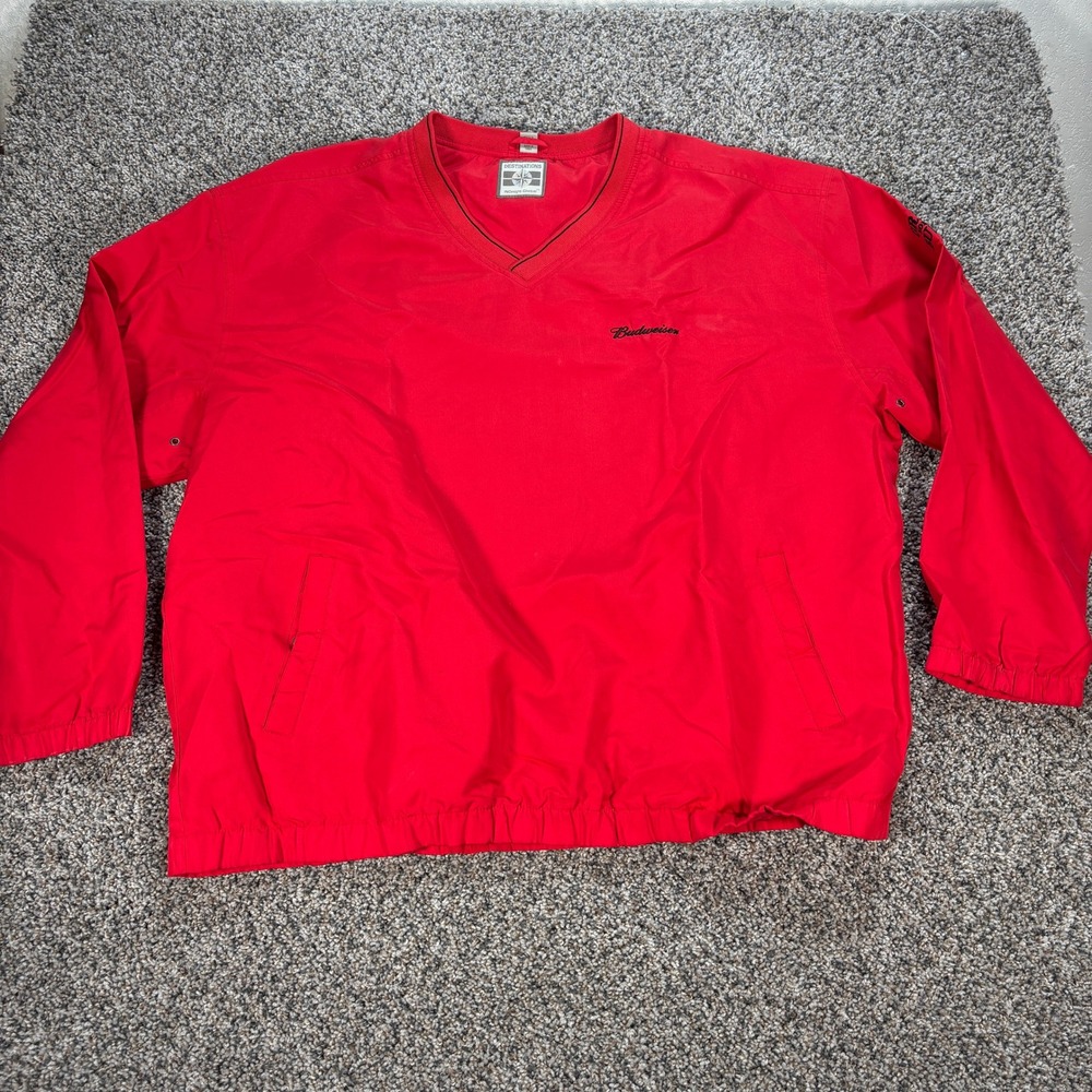 Budweiser Destinations Red V-Neck Windbreaker Pullover Men's XXL Jacket